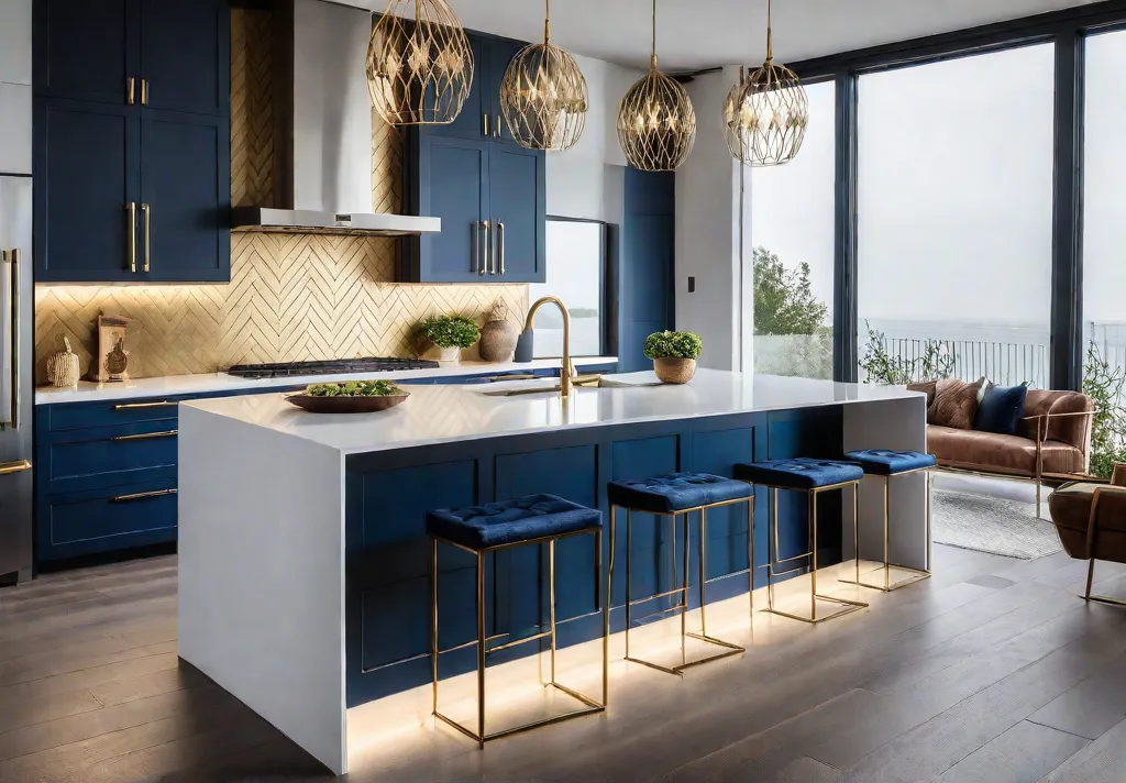 A modern kitchen island with sleek dark blue cabinets a white quartzfeat