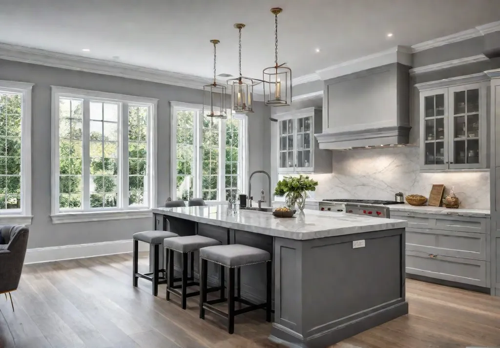 A spacious kitchen with a large island featuring shaker cabinets painted infeat