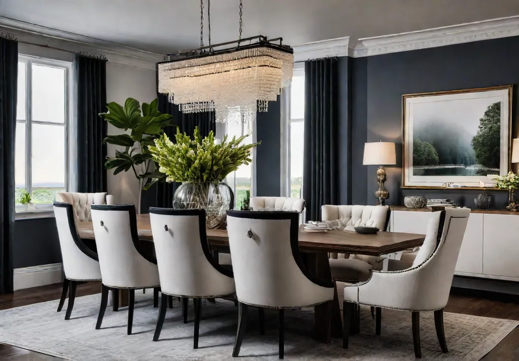 A timeless dining room with a classic wood table upholstered chairs afeat