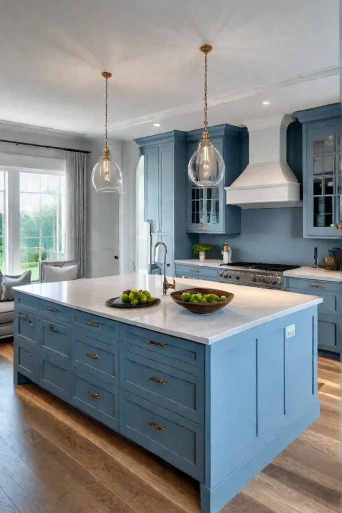 A blend of classic and contemporary design in a kitchen island with blue cabinets