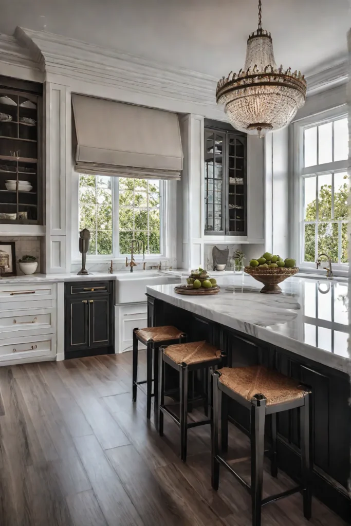 A kitchen island with warm honeytoned wood cabinets and a white marble countertop