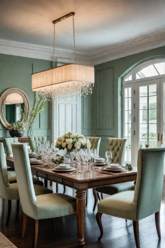 A serene dining room with sage green builtin cabinets displaying elegant dinnerware