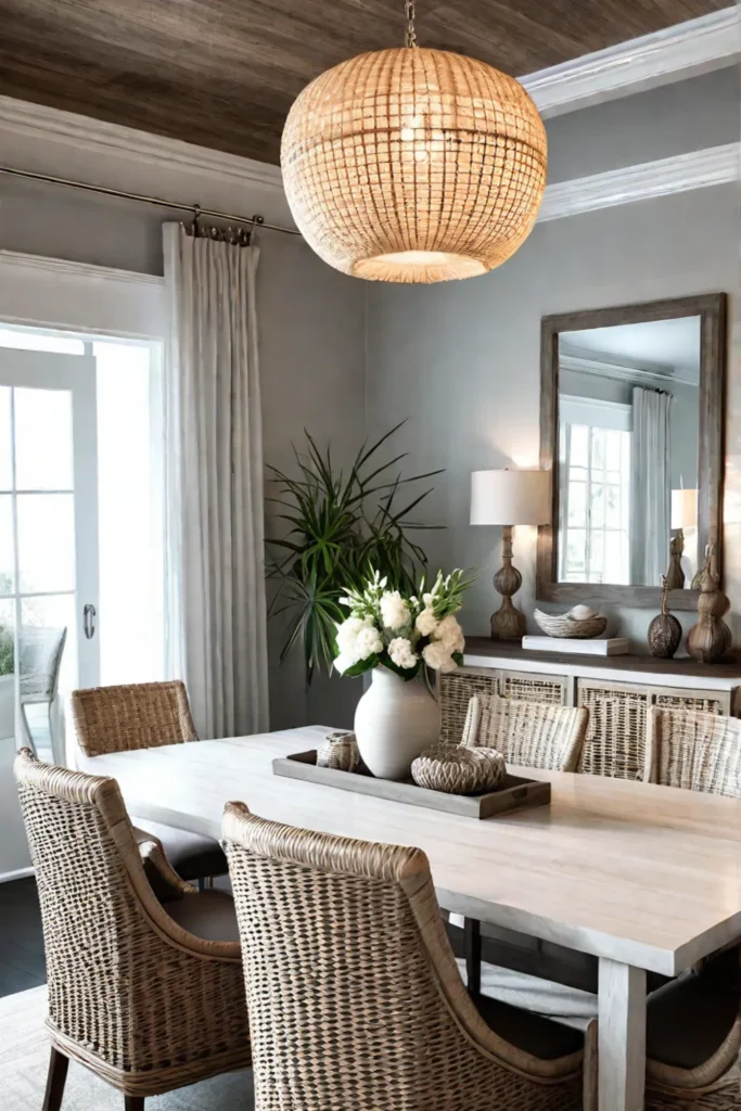 Beachy dining space with light colors and natural textures