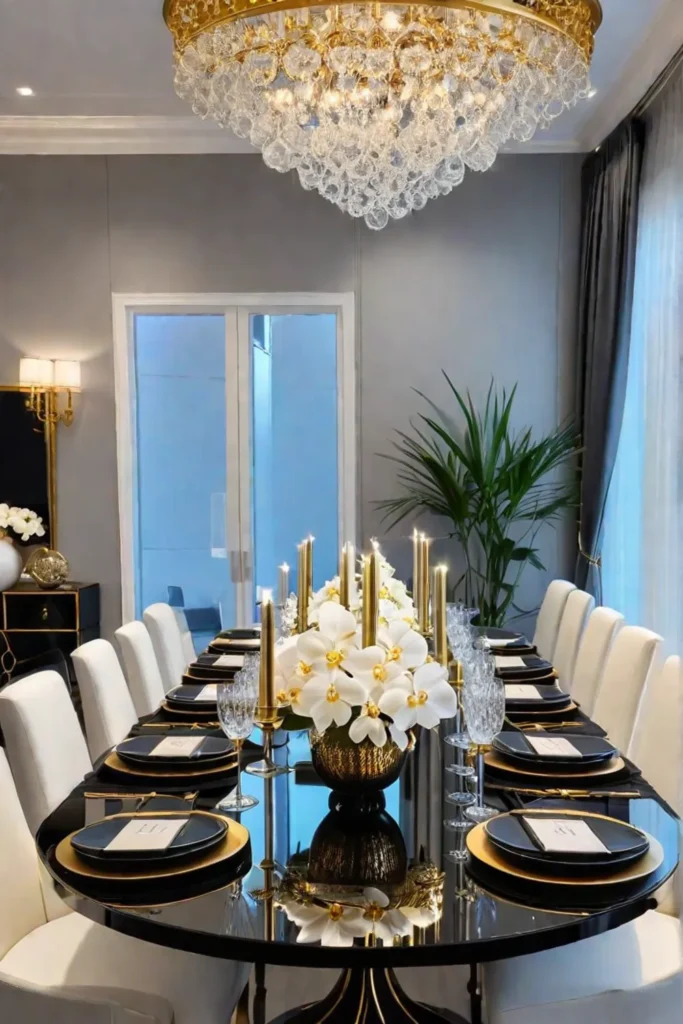 Black porcelain and crystal table setting with geometric centerpiece