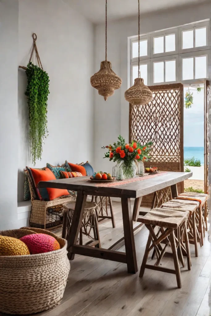 Bohemian dining room with a macrame wall hanging and woven baskets