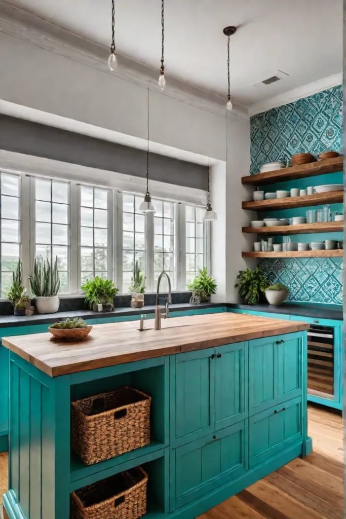 Bohemian kitchen island with turquoise cabinets and patterned tiles