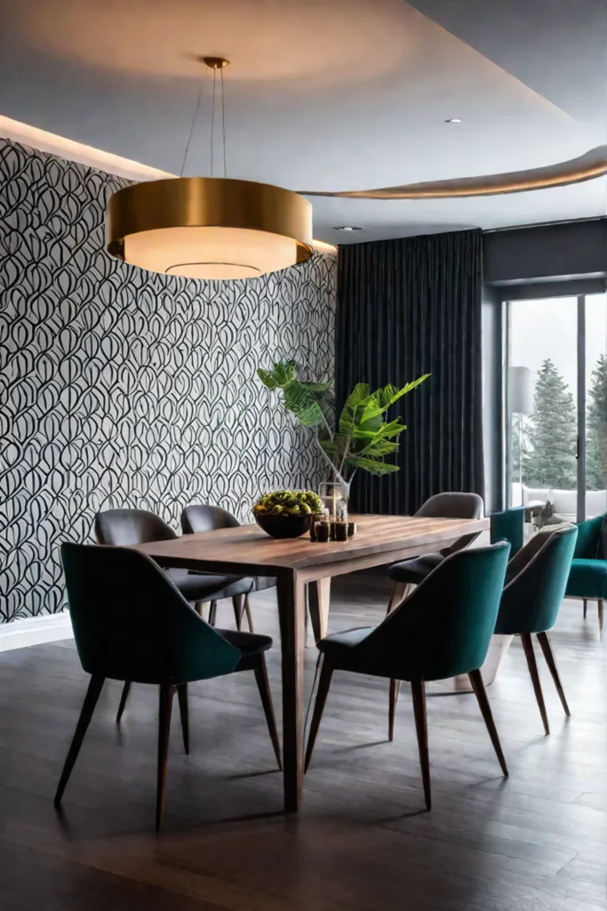 Bold dining room with geometric wallpaper and modern furniture