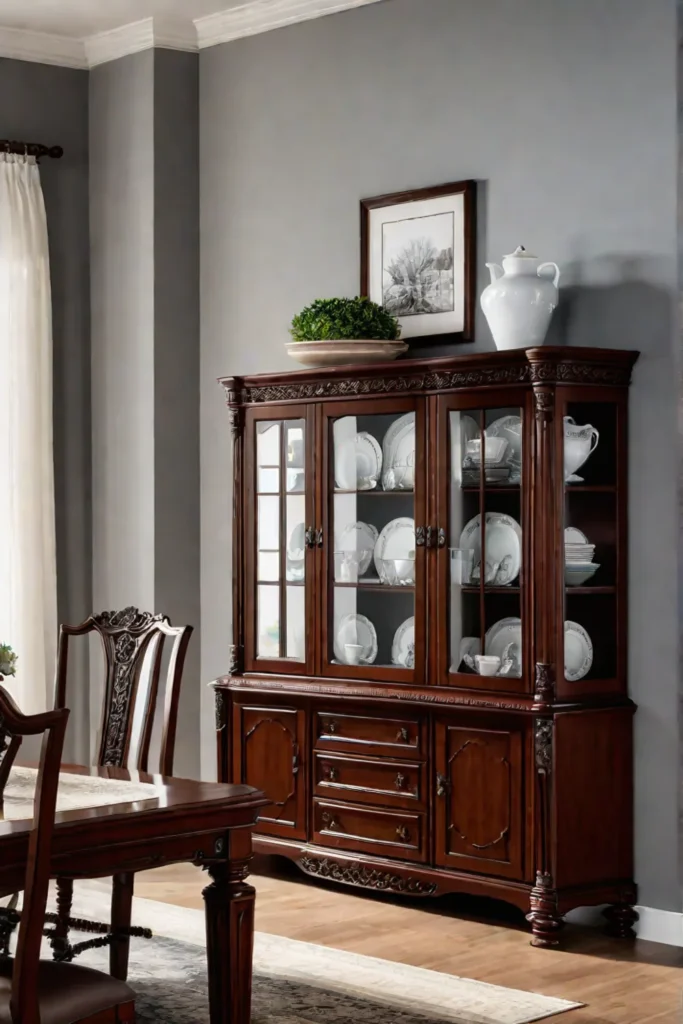 Charming corner storage solution enhancing the character and warmth of a traditional dining space