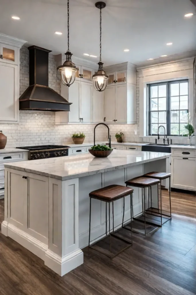 Classic kitchen island with white cabinets and granite countertop