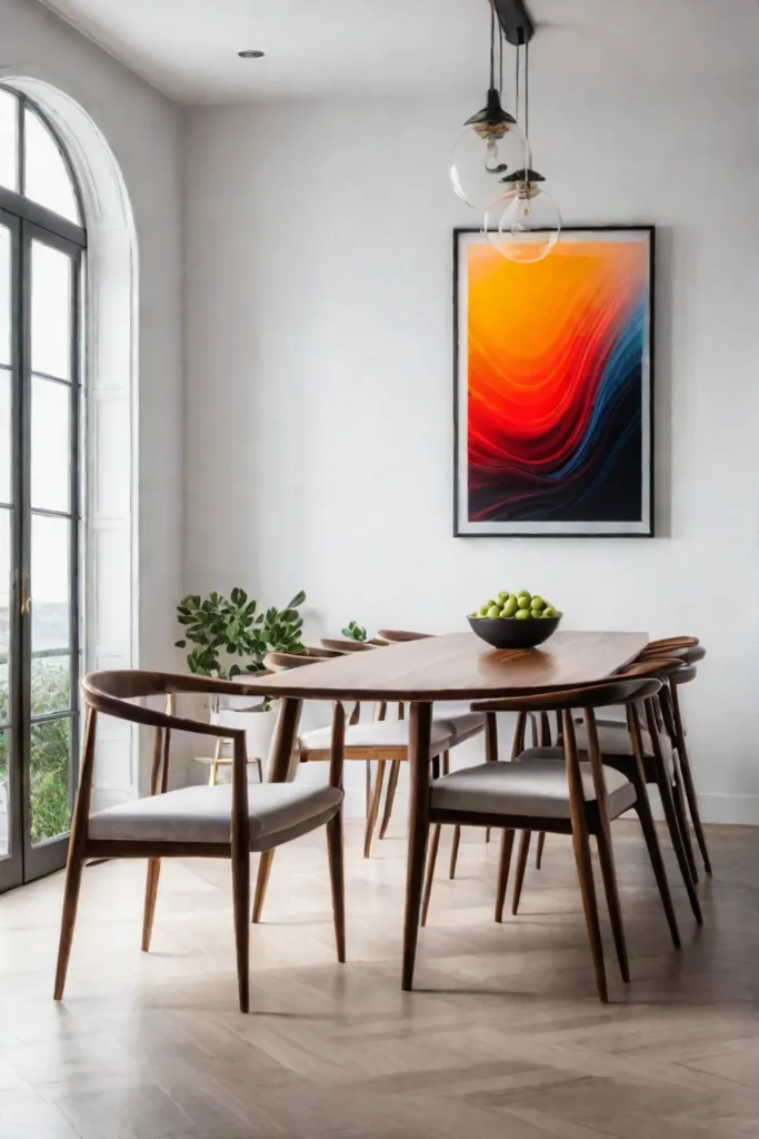 Clean and uncluttered dining space featuring a bold abstract artwork