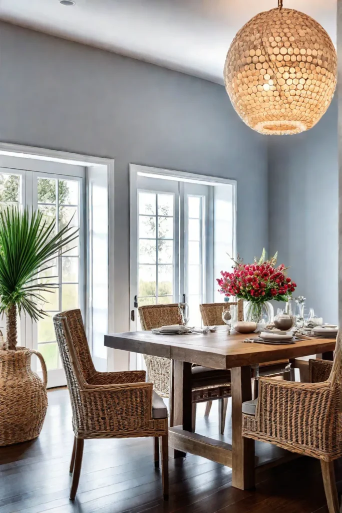 Coastal dining room with capiz shell chandelier and wicker chairs
