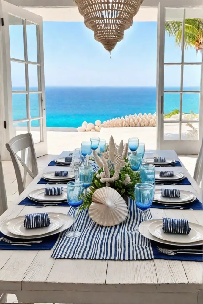 Coastal dining space with blue and white striped decor