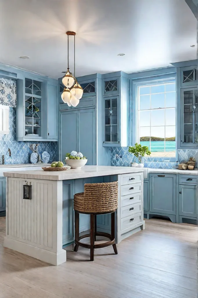 Coastal kitchen island with whitewashed wood cabinets and a blue tile countertop