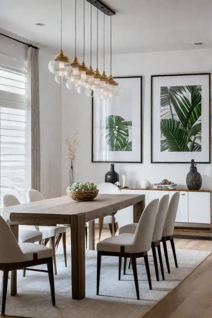 Contemporary dining room with a gallery wall showcasing a diverse collection of artwork