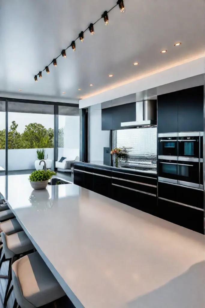 Contemporary kitchen island with black cabinets and stainless steel countertop