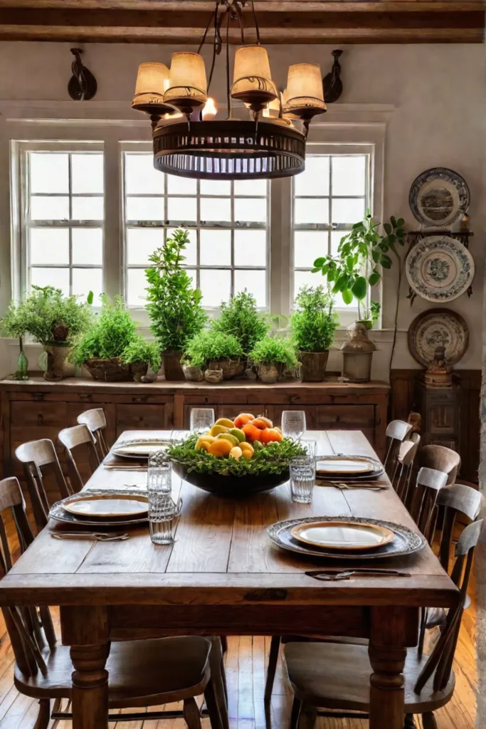 Cozy dining space with a farmhouse table and a wooden accent wall