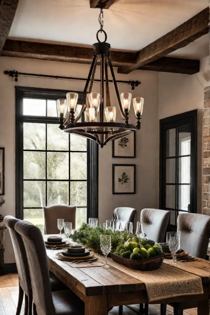 Cozy dining space with exposed beams and warm lighting