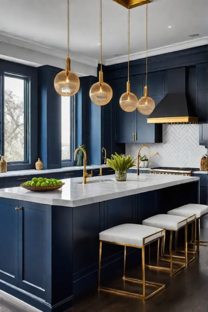 Dark blue kitchen island with white countertop and grey backsplash