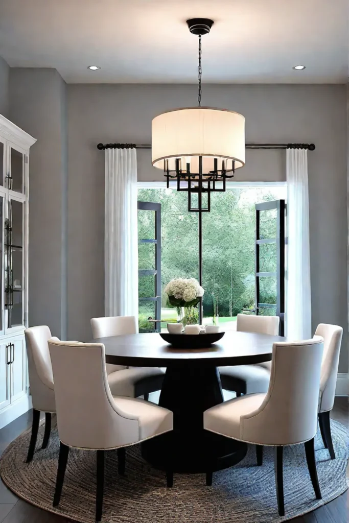 Dining space with mixed styles and layered lighting