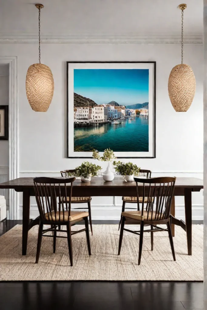 Eclectic dining room showcasing a diverse mix of wall decor including botanical prints and travel posters