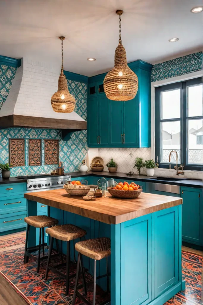 Eclectic kitchen island with butcher block countertop and vibrant colors