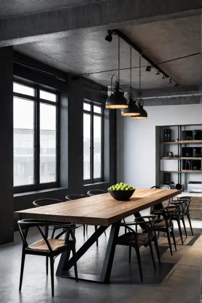 Edgy dining space with raw and unfinished elements