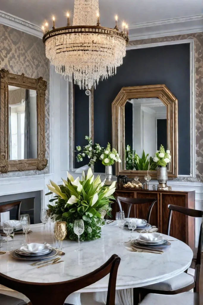 Elegant dining room featuring a large antique mirror reflecting the chandelier and dining table