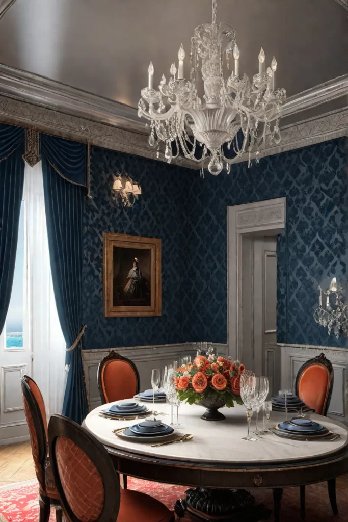 Elegant dining space with damask wallpaper and carved wood