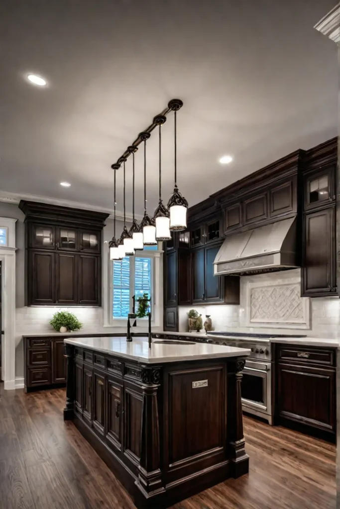 Elegant kitchen with decorative island featuring intricate carvings