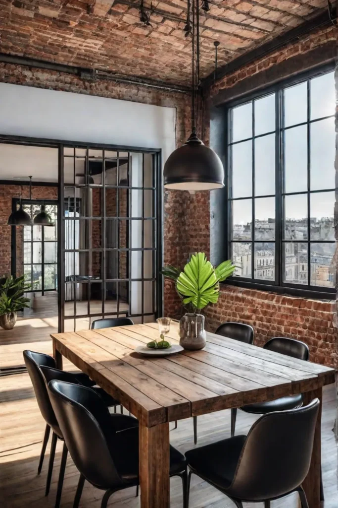 Floor mirror expands a small dining area with industrial decor