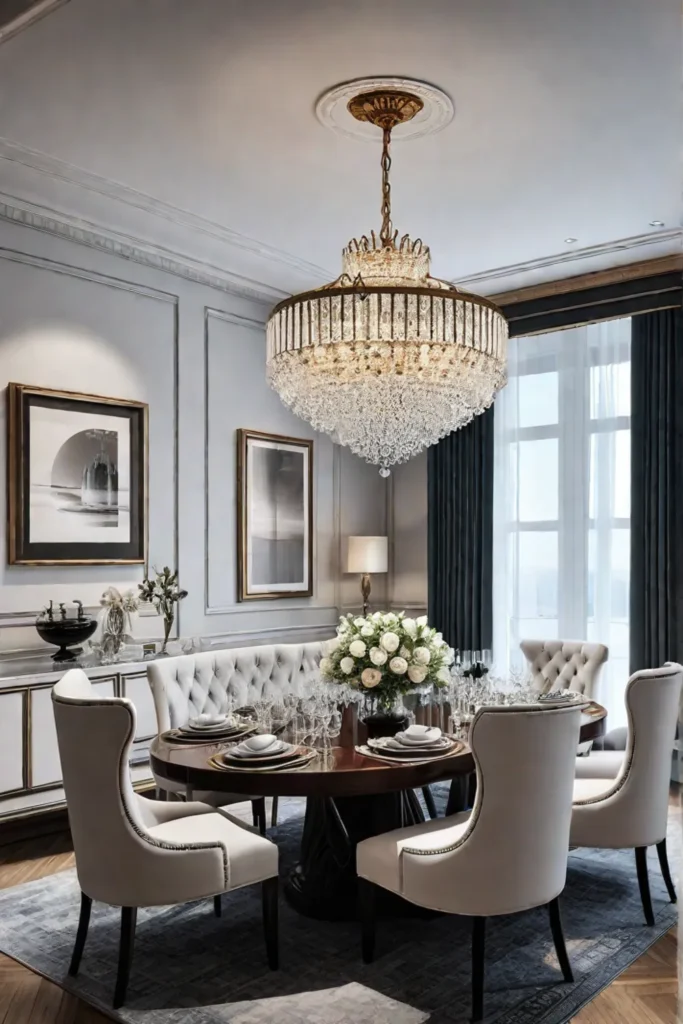Formal dining space with luxurious details and sparkling light