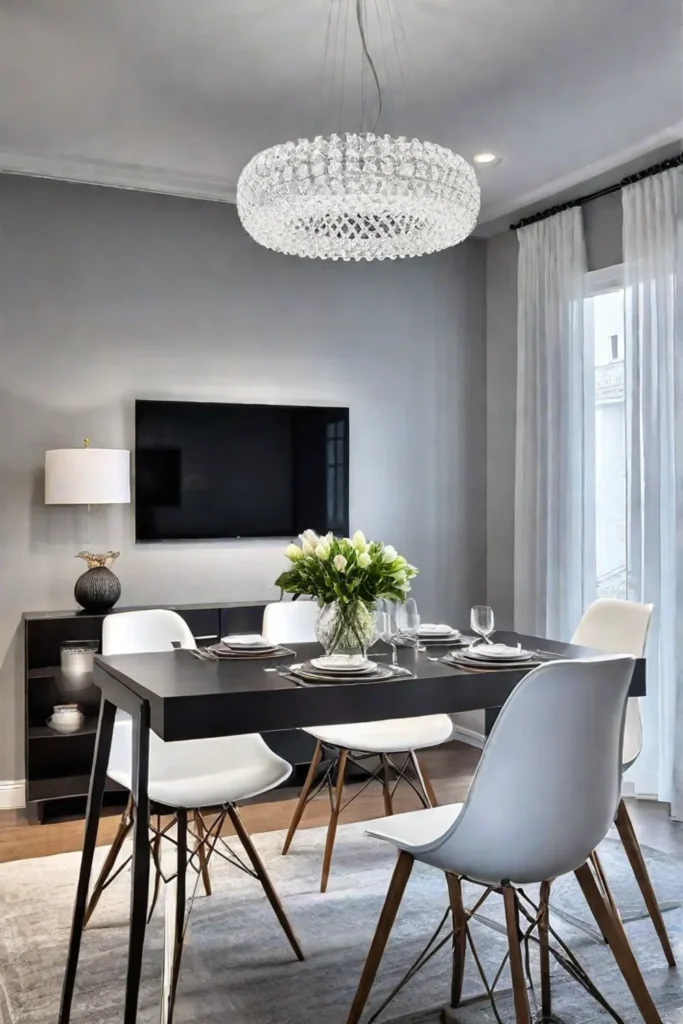 Geometric pendant light adds a modern touch to a small dining area
