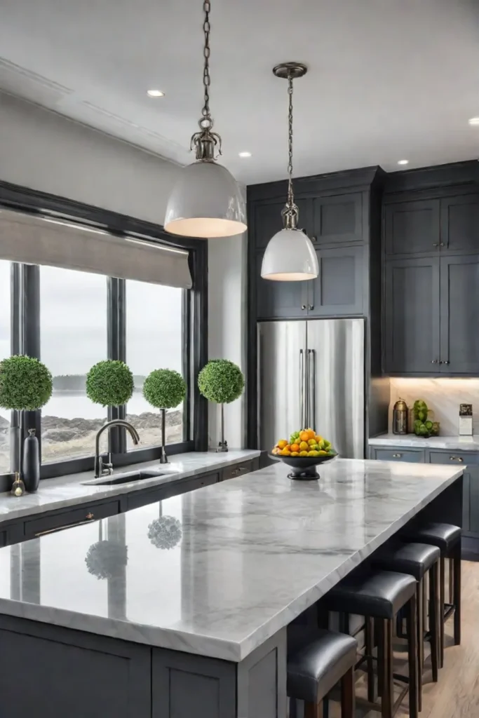 Grey shaker cabinets in a bright and airy kitchen
