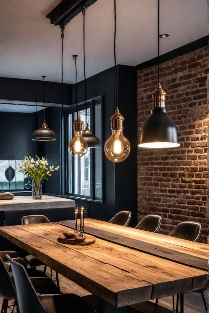Industrial dining room with Edison bulb pendants and reclaimed wood