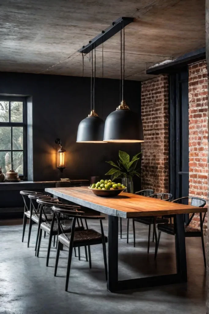 Industrial dining room with exposed brick and metal