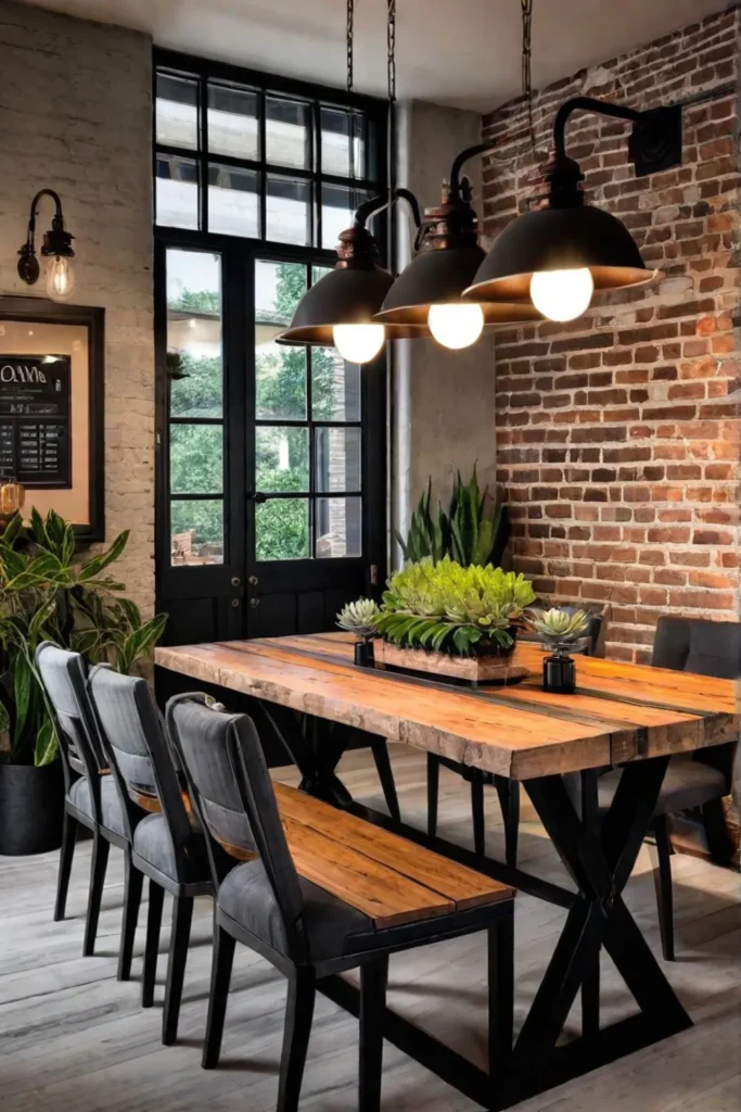 Industrial dining space with slate plates and copper mugs