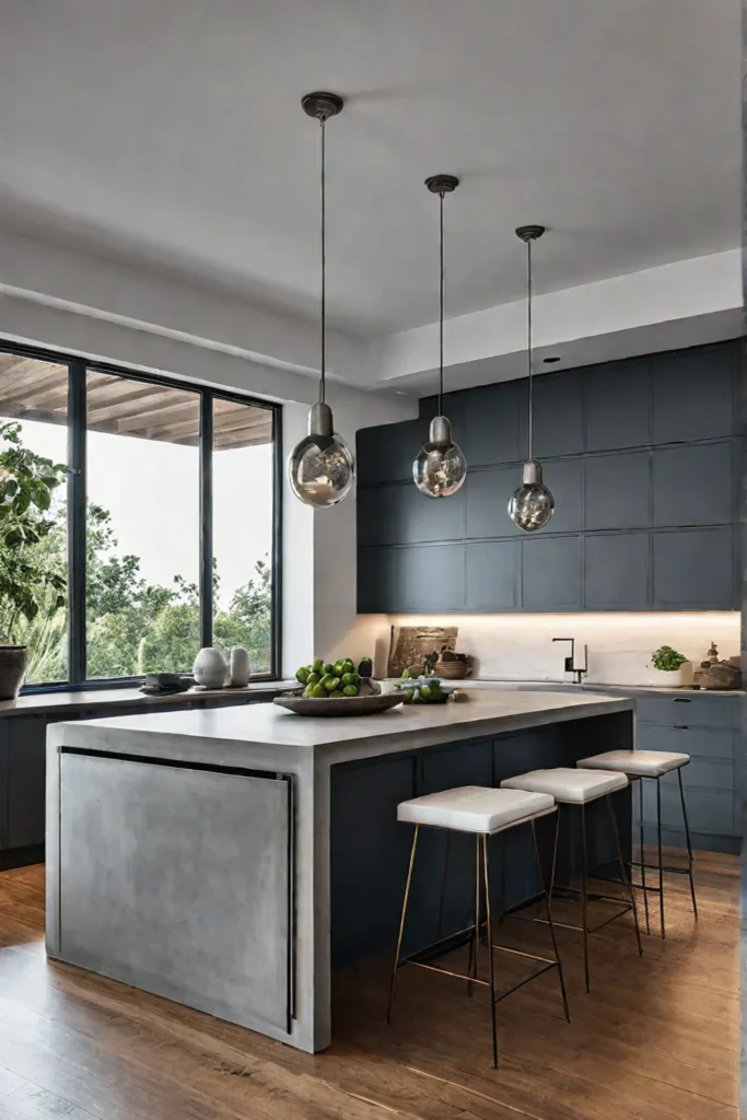 Industrial style kitchen with a metalclad island and pendant lighting