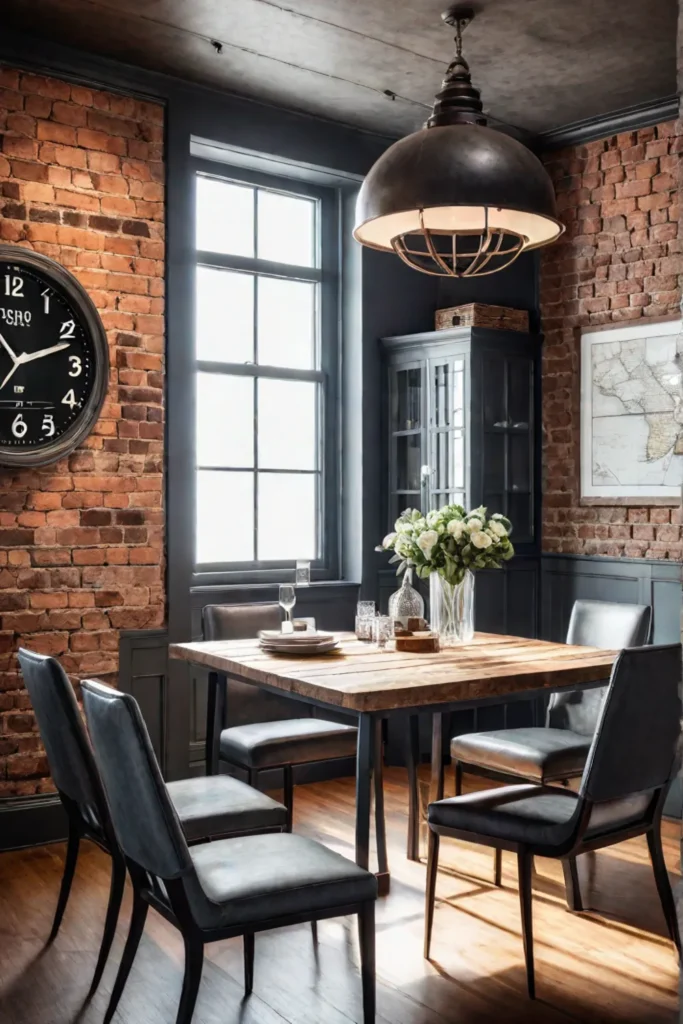 Industrialstyle dining room with exposed brick walls and metal wall decor
