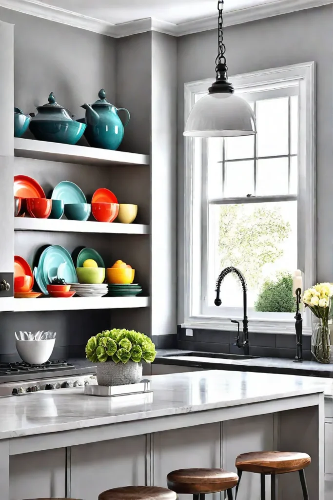 Kitchen island with glassfront cabinets displaying colorful dishware