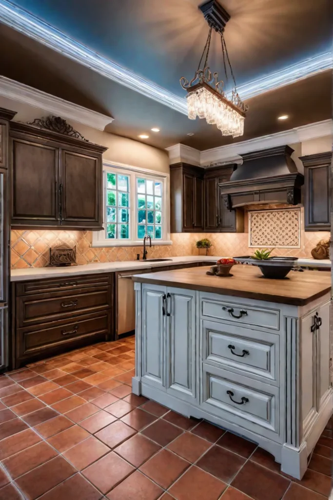 Kitchen island with terracotta floor tiles and colorful backsplash