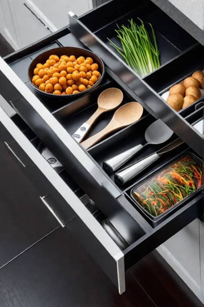 Kitchen utensils neatly separated and organized in a drawer