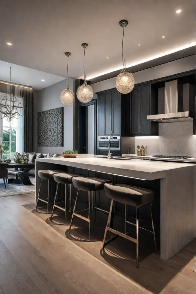 Luxury kitchen island with custom design featuring wine fridge and breakfast bar
