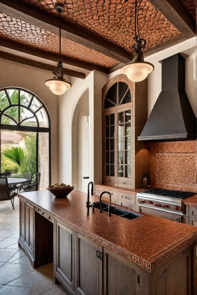 Mediterranean kitchen island with terracotta cabinets and mosaic tiles