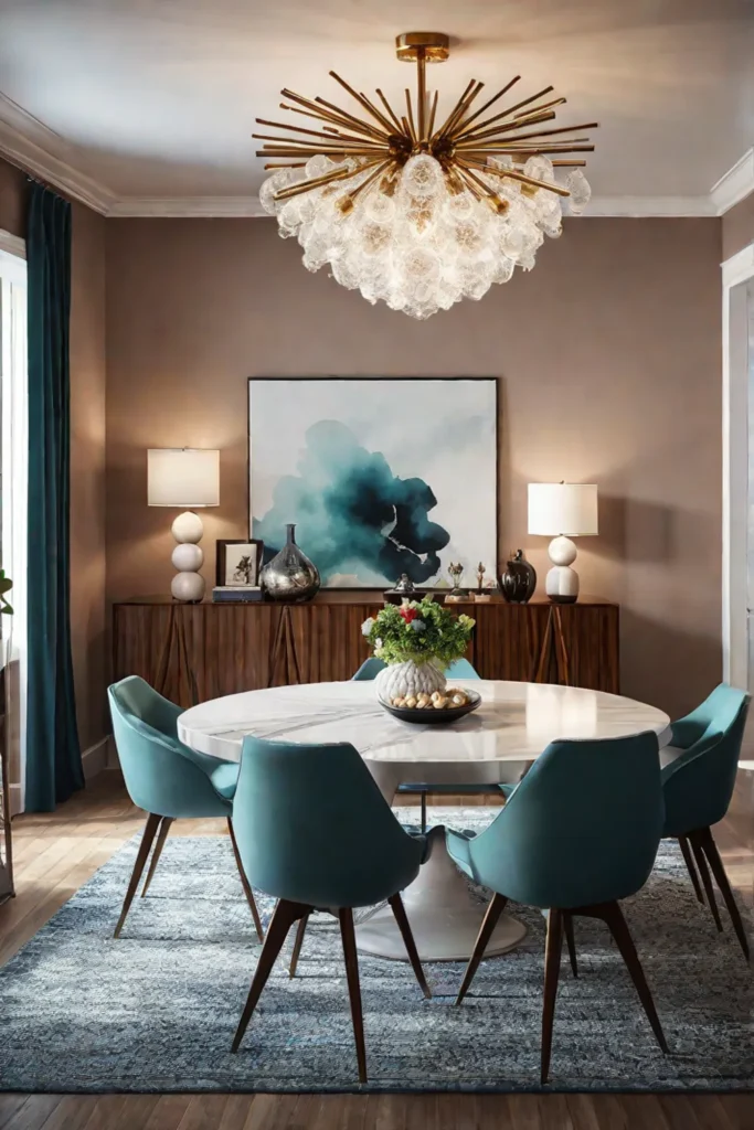 Midcentury modern dining room with Sputnik chandelier and retro furniture