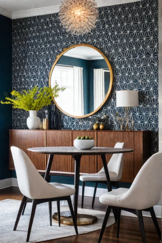 Midcentury modern dining room with geometric wallpaper and a starburst mirror
