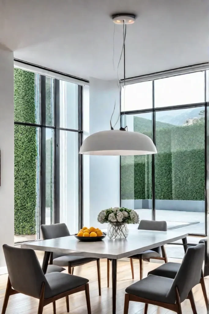 Minimalist dining room with simple pendant light and natural light