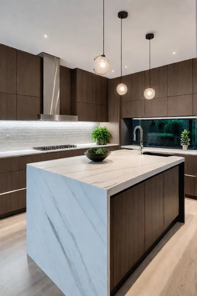 Minimalist kitchen island with light wood cabinets and white backsplash