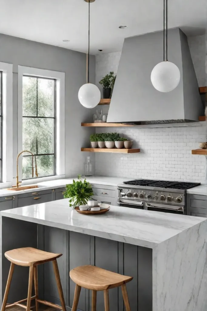 Minimalist kitchen island with natural wood accents and subway tile backsplash