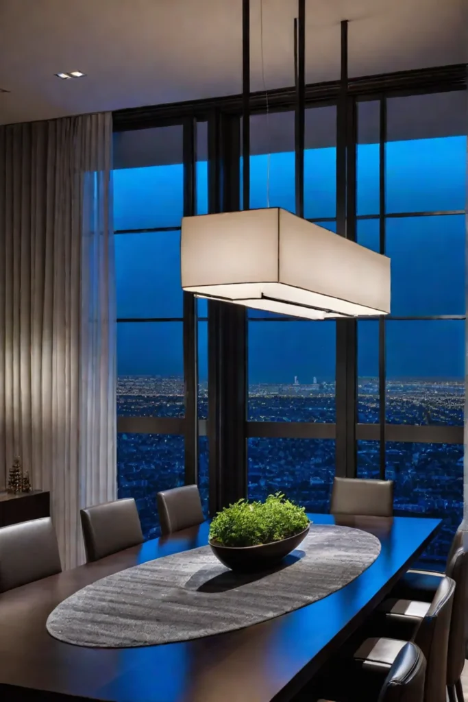 Modern dining room with linear chandelier and city view