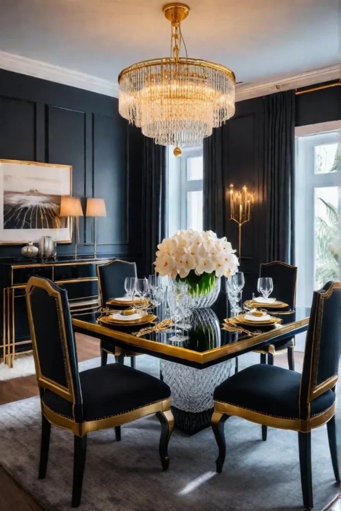 Modern glam dining room with gold accents and orchids